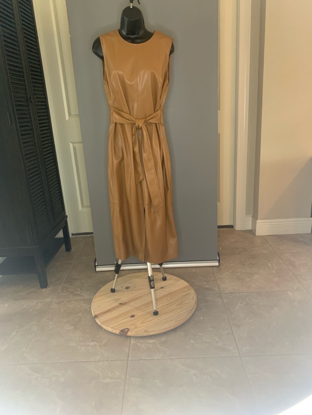 Calvin Klein Sleeveless Faux Leather Midi Dress in Tan